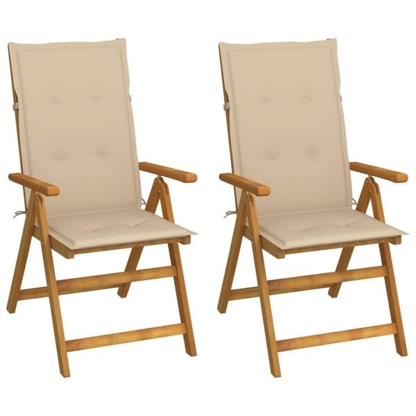vidaXL Justerbara trädgårdsstolar med dynor 2 st massivt akaciaträ Beige