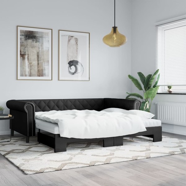 vidaXL Dagbädd utdragbar med madrasser svart 90x200 cm konstläder Svart
