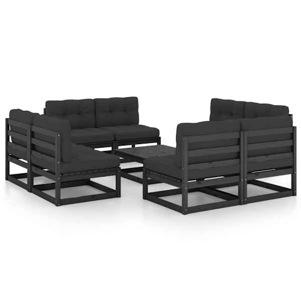 vidaXL Loungegrupp med dynor 9 delar massiv furu Svart