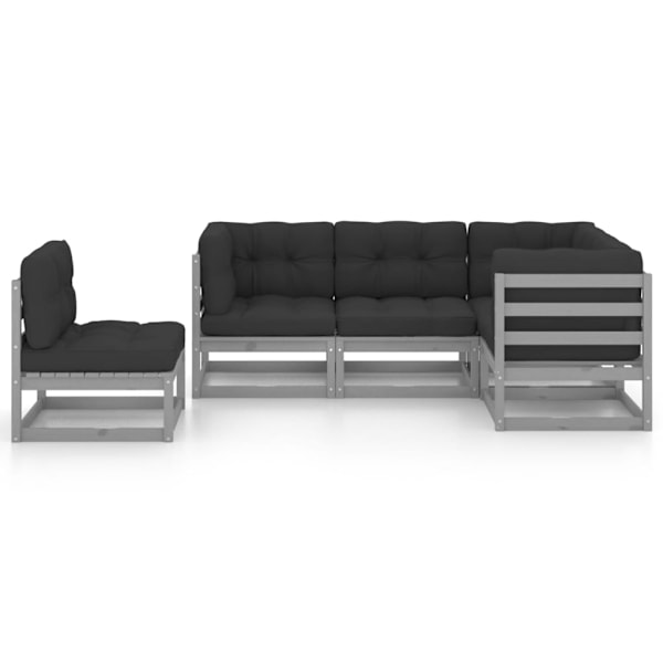 vidaXL Loungegrupp med dynor 5 delar massiv furu grå
