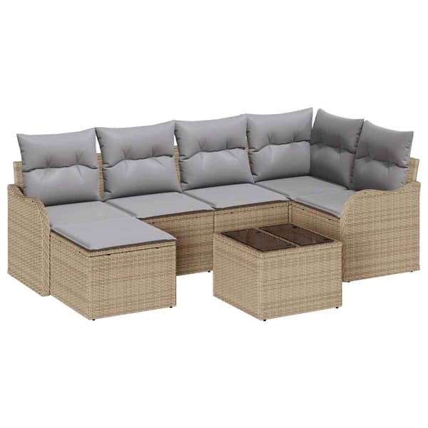 vidaXL Trädgårdsoffset med kudde 7 pcs Beige Poly rattan Beige