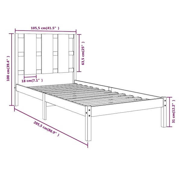 vidaXL Sängram honungsbrun massiv furu 100x200 cm enkelsäng Brun