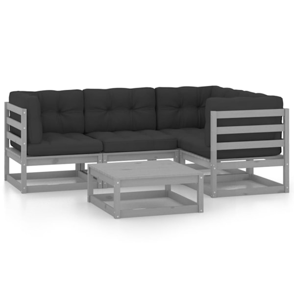 vidaXL Loungegrupp med dynor 5 delar massiv furu grå