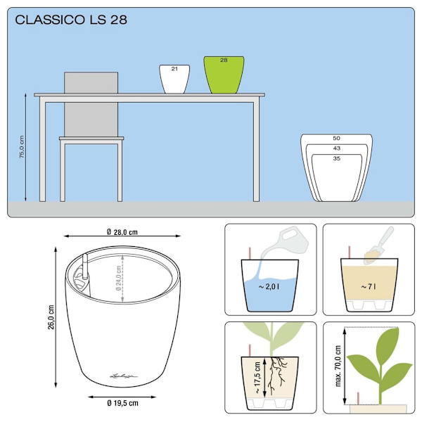 LECHUZA Blomkruka CLASSICO LS 28 ALL-IN-ONE vit högglans 16040 Vit