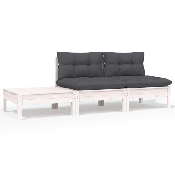 vidaXL Loungegrupp med dynor 3 delar vit massiv furu Vit