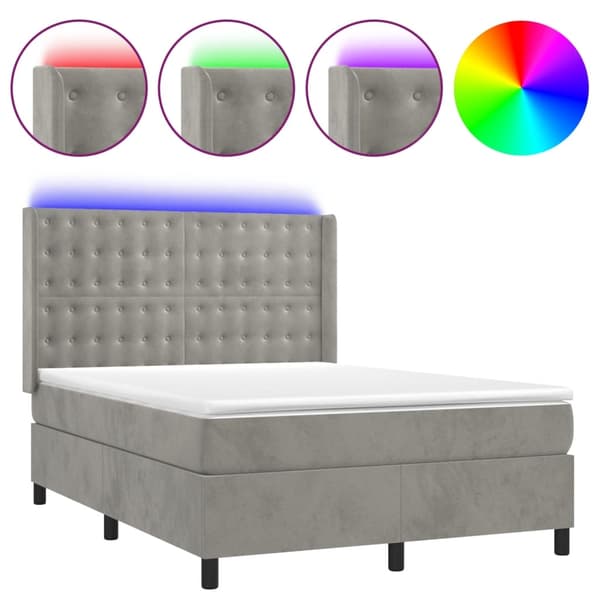 vidaXL Ramsäng med madrass & LED ljusgrå 140x200 cm sammet Grå