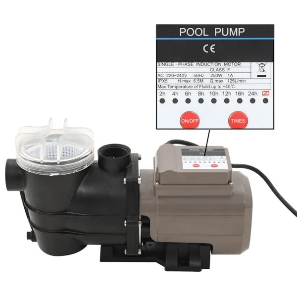 vidaXL Poolpump med timer svart 0,25 HK 8000 L/tim Svart