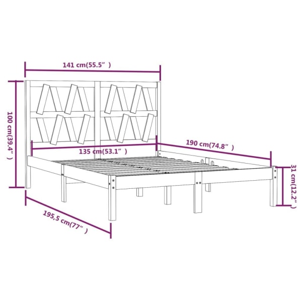 vidaXL Sängram vit massiv furu 135x190 cm Vit