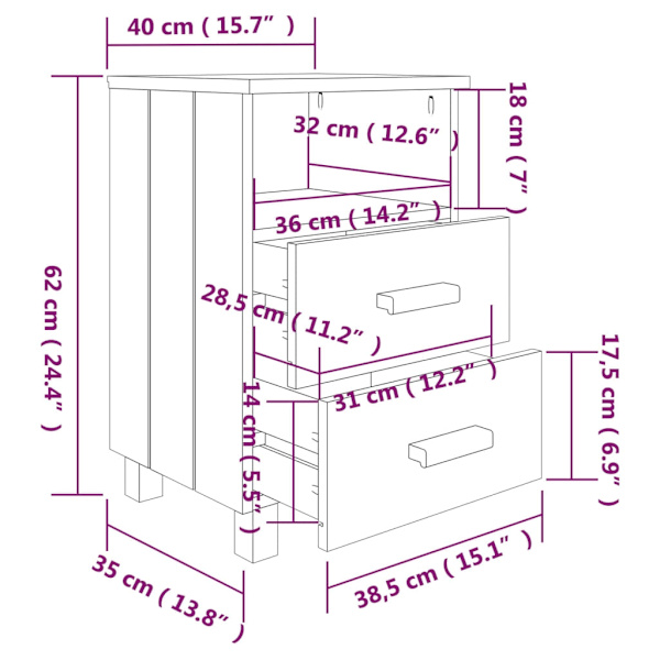 vidaXL Sängbord HAMAR 2 st vit 40x35x62 cm massivt trä Vit