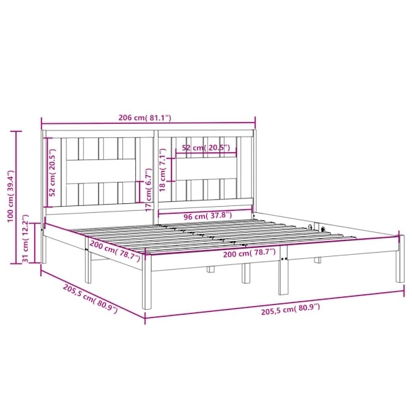 vidaXL Sängram vit massiv furu 200x200 cm Vit