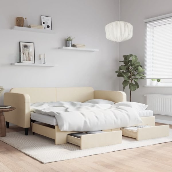 vidaXL Dagbädd utdragbar med lådor gräddvit 100x200 cm tyg Kräm