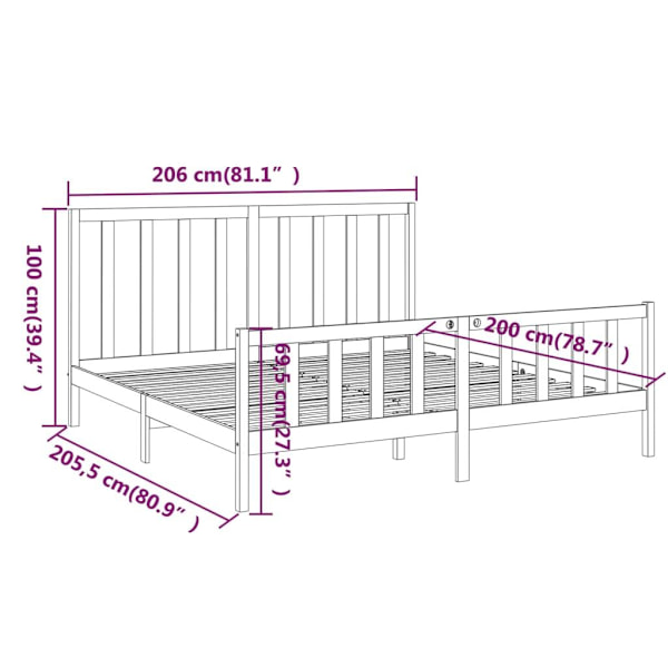 vidaXL Sängram svart massiv furu 200x200 cm Svart
