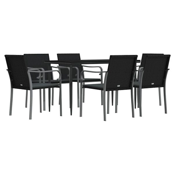 vidaXL Matgrupp för trädgården med dynor 7 delar konstrotting & stål Svart