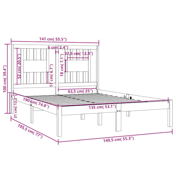 vidaXL Sängram massivt trä 135x190 cm Brun