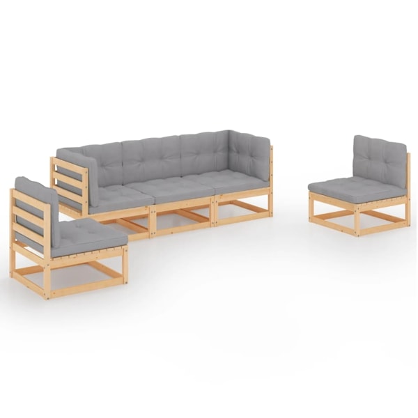vidaXL Loungegrupp med dynor 5 delar massiv furu grå