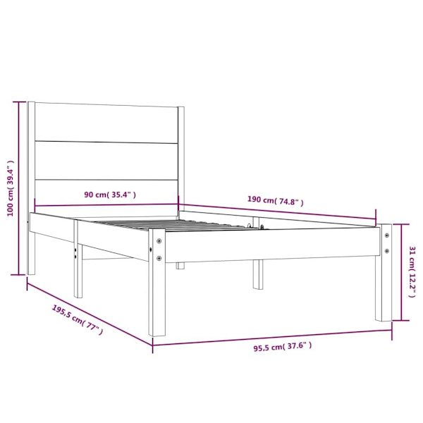 vidaXL Sängram svart massivt trä 90x190 cm Svart