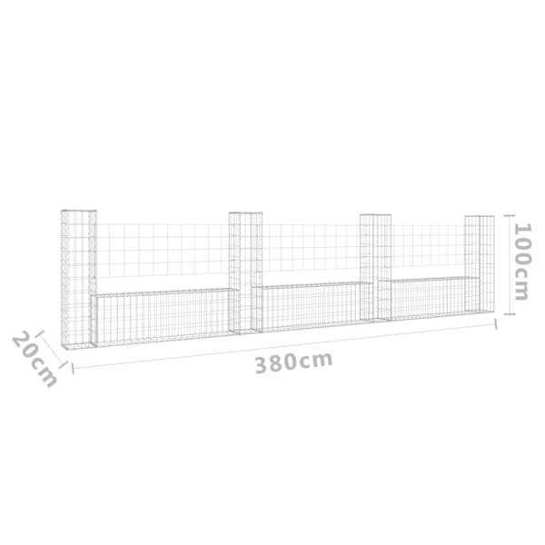 vidaXL U-formad gabionkorg med 4 stolpar järn 380x20x100 cm Silver