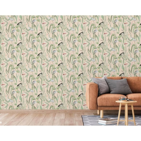 DUTCH WALLCOVERINGS Tapet Flamingo gräddvit och mintgrön multifärg