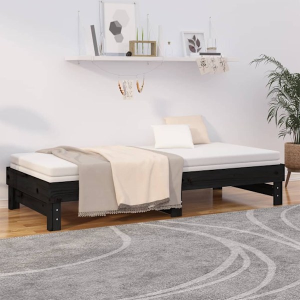 vidaXL Utdragbar dagbädd svart 2x(90x200) cm massiv furu Svart