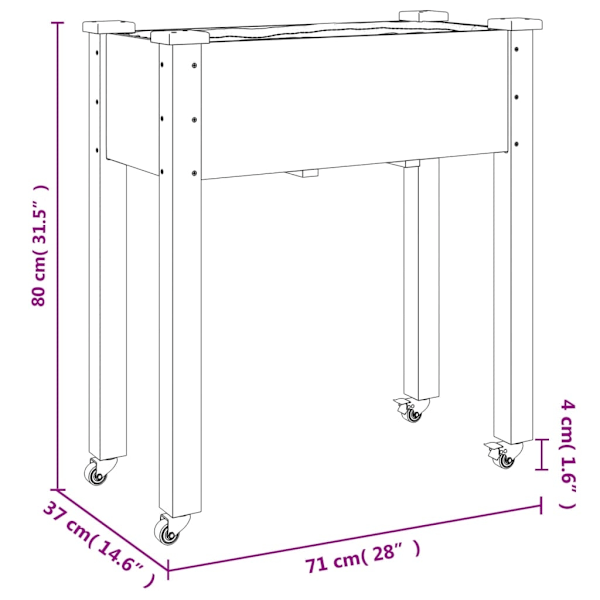 vidaXL Odlingslåda på hjul med foder 71x37x80 cm massivt granträ Brun