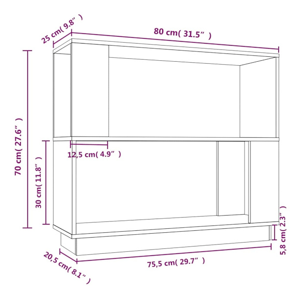 vidaXL Bokhylla/rumsavdelare 80x25x70 cm massiv furu Brun