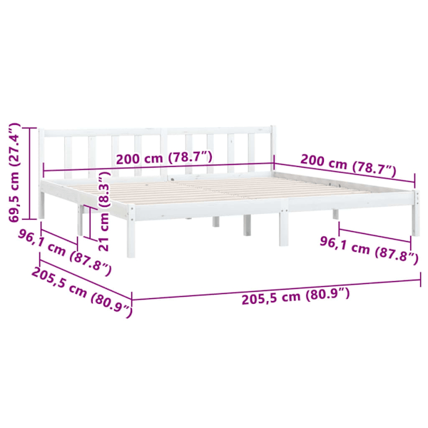 vidaXL Sängram vit massiv furu 200x200 cm Vit