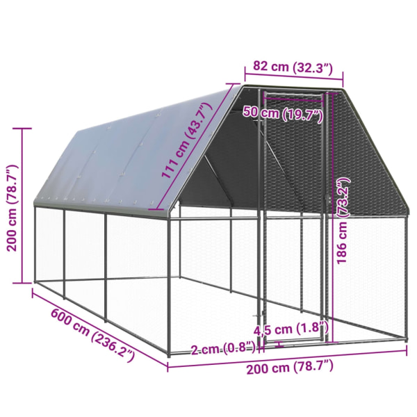 vidaXL Hönsbur för utomhusbruk 2x6x2 m galvaniserat stål Silver