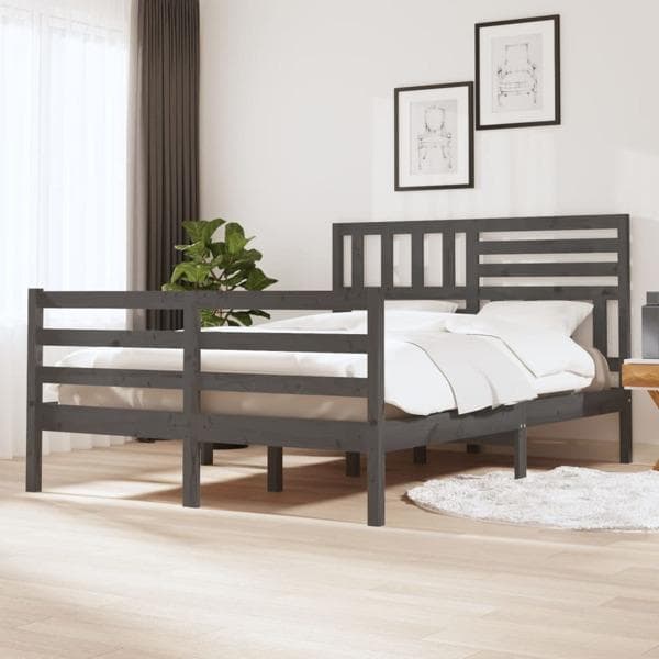 vidaXL Sängram massiv furu 135x190 cm grå grå