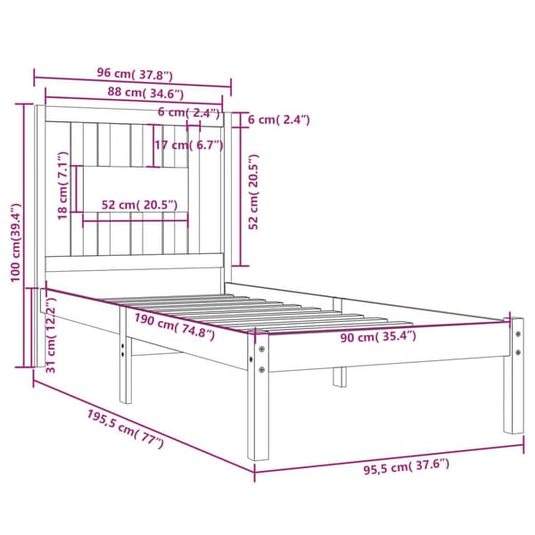 vidaXL Sängram vit massivt trä 90x190 cm Vit