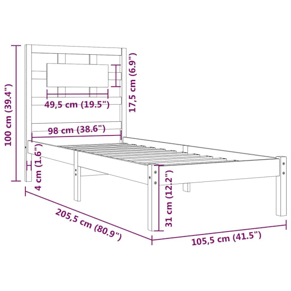vidaXL Sängram grå massiv furu 100x200 cm enkelsäng Grå