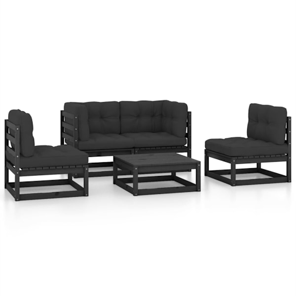 vidaXL Loungegrupp med dynor 5 delar massiv furu Svart