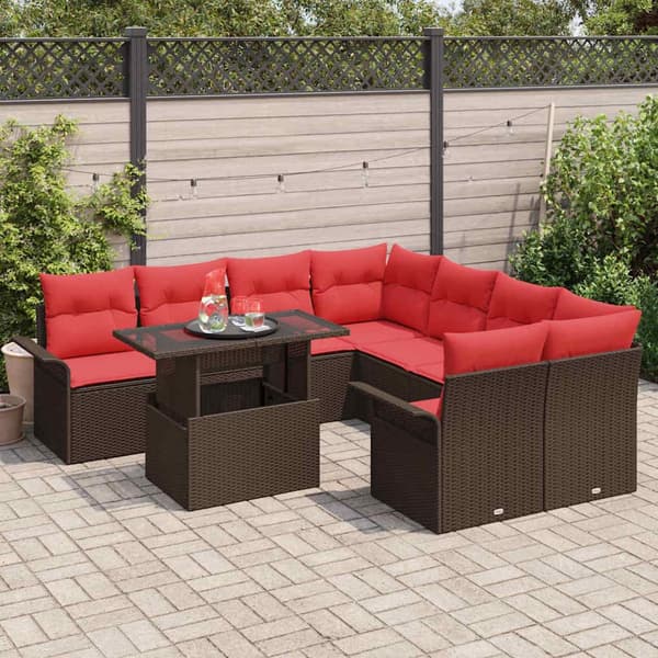 vidaXL Trädgårdsoffset med kudde 9 pcs Brun Poly rattan Brun