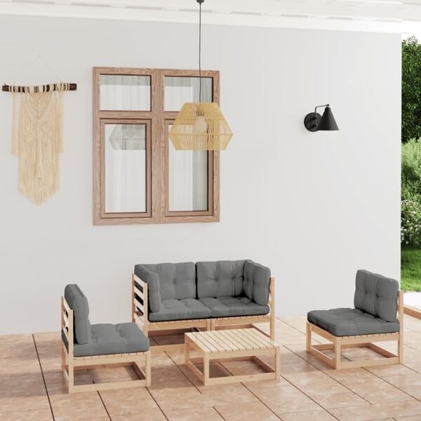 vidaXL Loungegrupp med dynor 5 delar massiv furu grå
