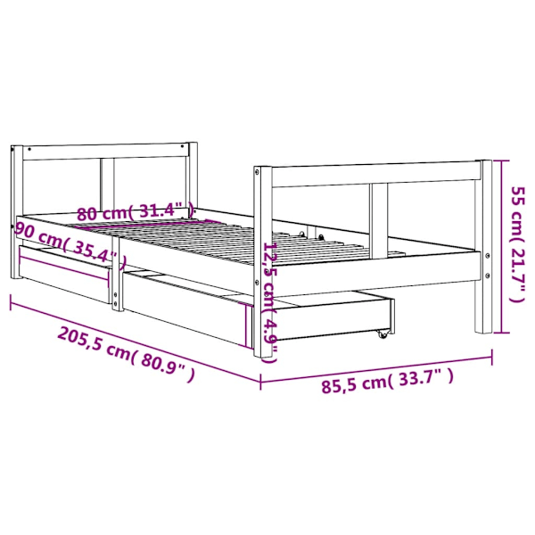 vidaXL Sängram för barnsäng m. lådor svart 80x200 cm massiv furu Svart