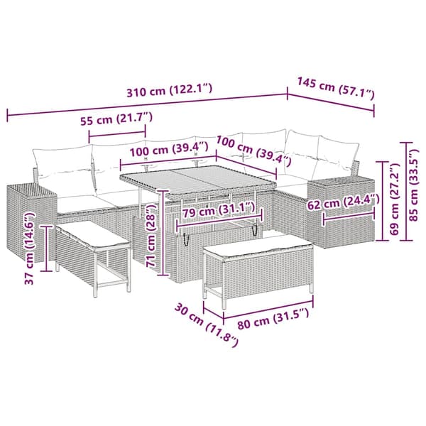 vidaXL Trädgårdsoffset 9 pcs Beige konstrotting Beige