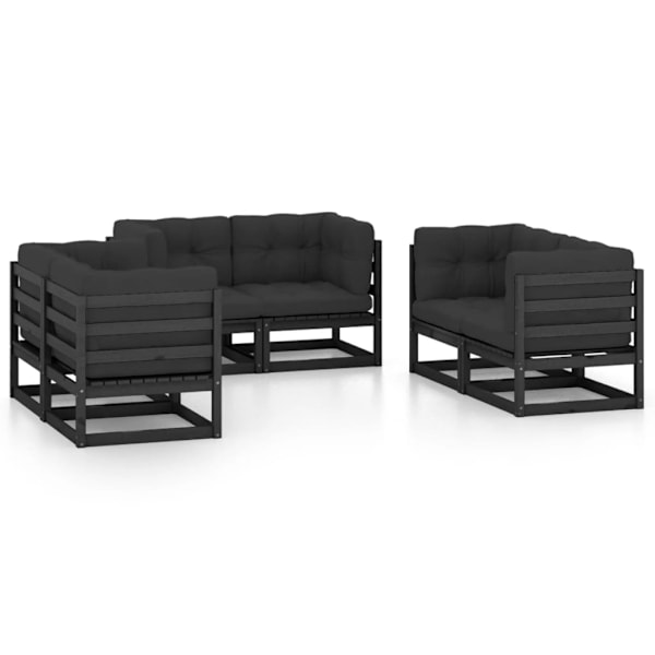 vidaXL Loungegrupp med dynor 6 delar massiv furu Svart