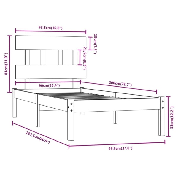 vidaXL Sängram massivt trä 90x200 cm Brun