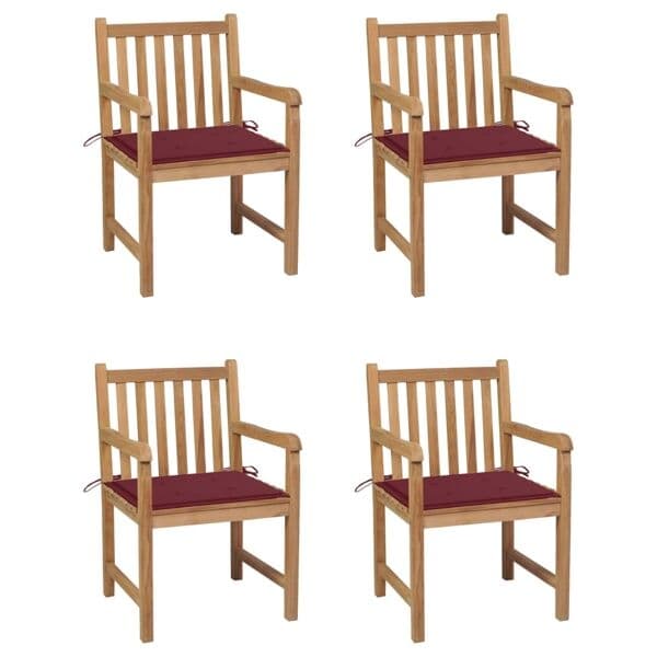 vidaXL Trädgårdsstolar med vinröda dynor 4 st massiv teak Röd