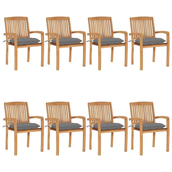 vidaXL Stapelbara trädgårdsstolar med dynor 8 st massiv teak grå