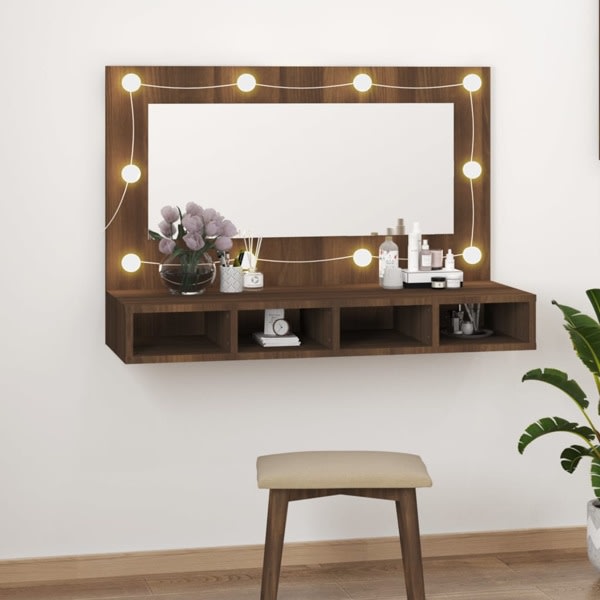 vidaXL Spegelskåp med LED brun ek 90x31,5x62 cm Brun