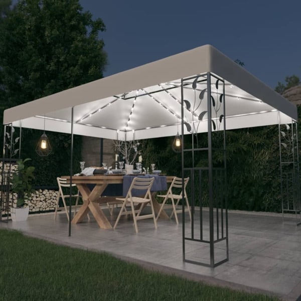 vidaXL Paviljong med dubbeltak och ljusslinga LED 3x4 m vit Vit