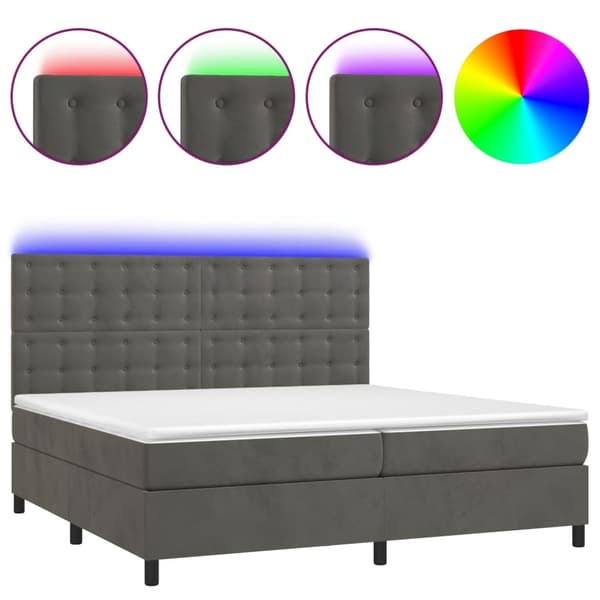 vidaXL Ramsäng med madrass & LED mörkgrå 200x200 cm sammet Grå
