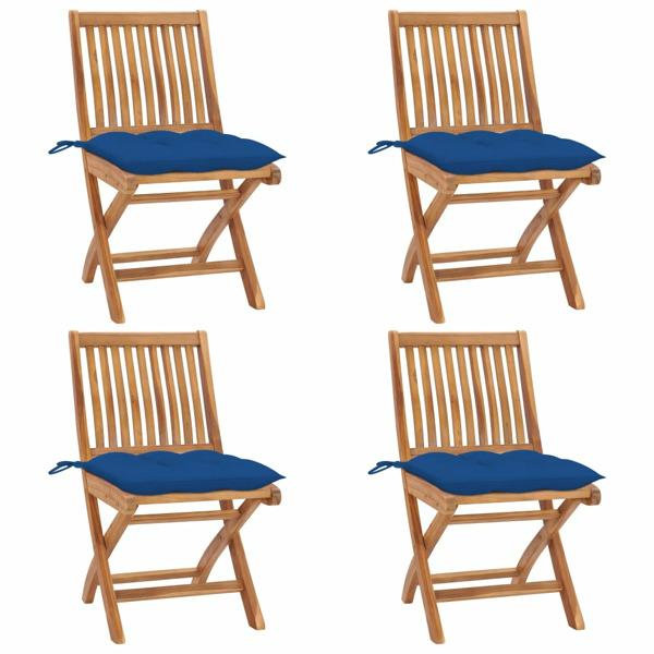 vidaXL Hopfällbara trädgårdsstolar med dynor 4 st massiv teak Blå