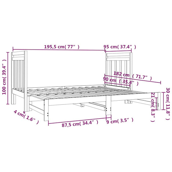 vidaXL Utdragbar dagbädd 2x(90x190) cm massiv furu Brun