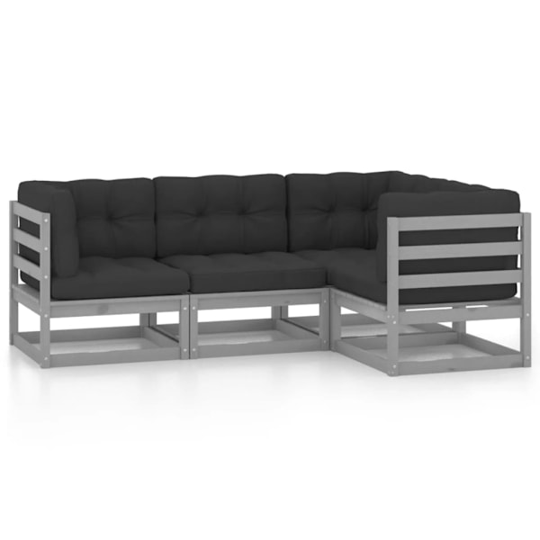 vidaXL Loungegrupp med dynor 4 delar massiv furu grå