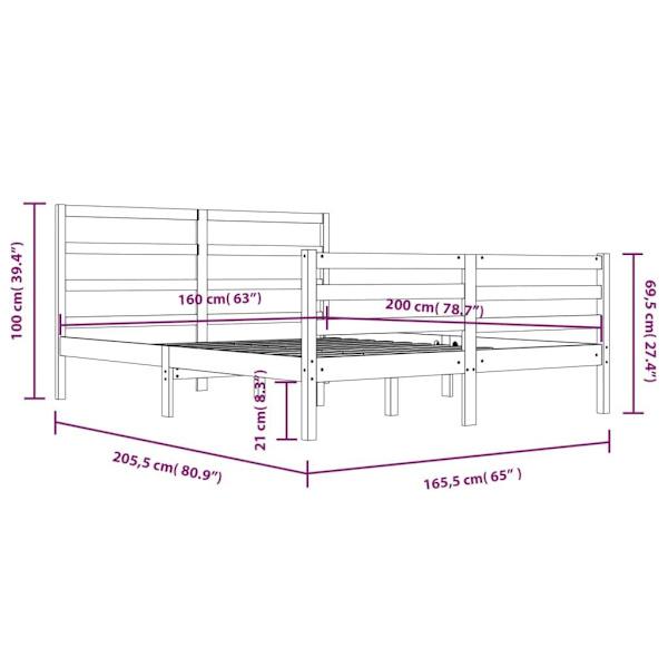 vidaXL Sängram massiv furu 160x200 cm Brun