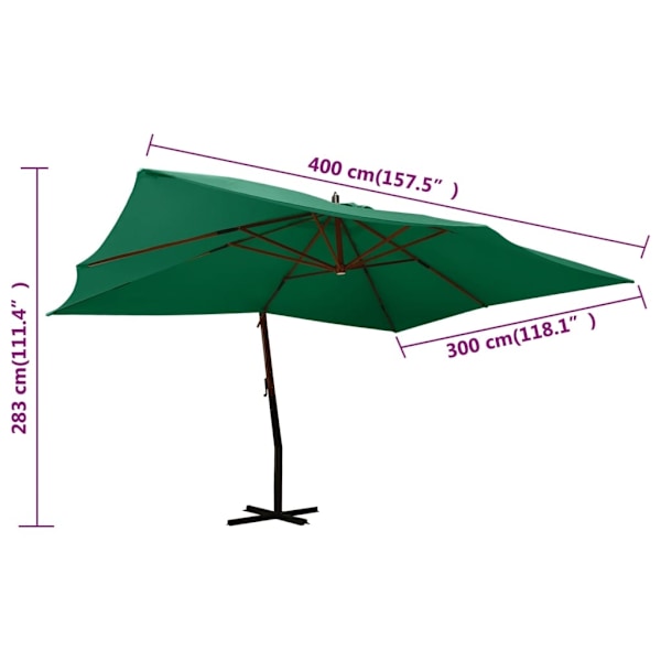 vidaXL Frihängande trädgårdsparasoll med trästång 400x300 cm grön Grön