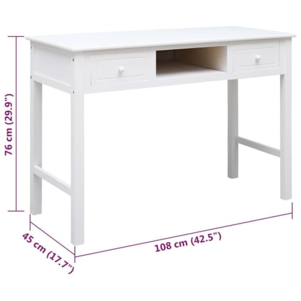 vidaXL Skrivbord vit 108x45x76 cm massivt kejsarträ Vit