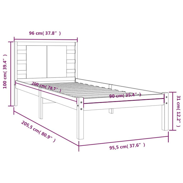 vidaXL Sängram grå massiv furu 90x200 cm Grå