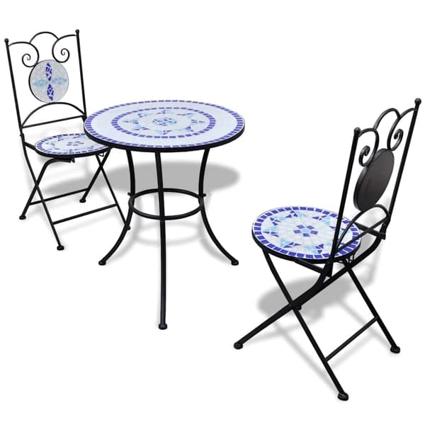 vidaXL Cafébord i mosaik 60 cm med 2 stolar blå/vit Blå